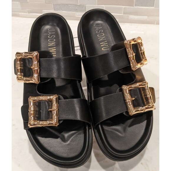 Jason Wu Shoes - Women's JASON WU Marzan Luxe Black Leather Gold Buckles Slides Sandals 7.5